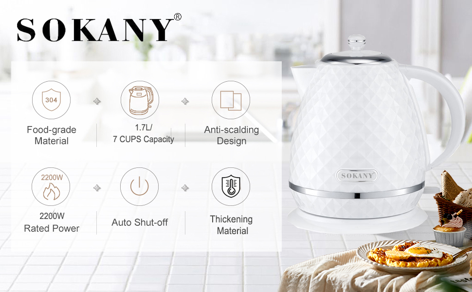 Електричний чайник SOKANY SK-1032, 2200W, 1.7L, з фільтром від накипу, автовимкненням, індикатором рівня води, поворотним підставою, чорний