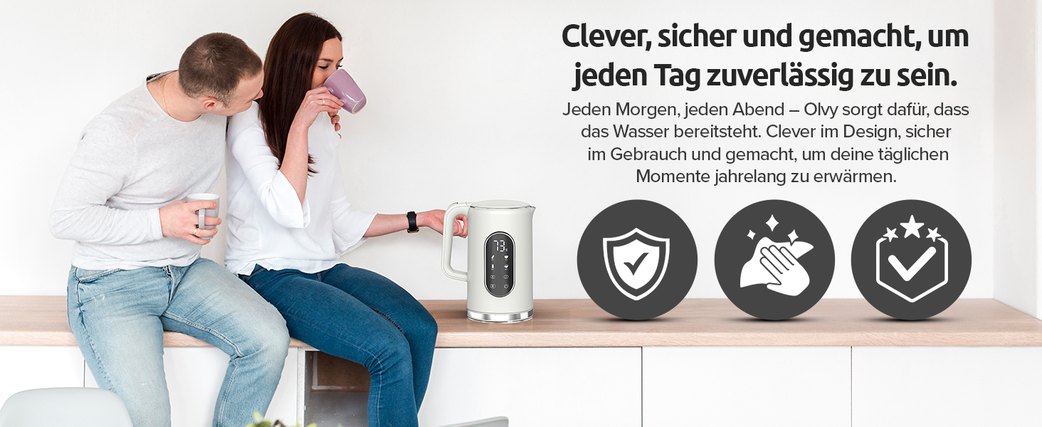 Електричний чайник Olvy 1.7L з регулюванням температури – Швидкий, з нержавіючої сталі, 2200W, з функцією підтримання тепла, подвійні стінки (Білий)