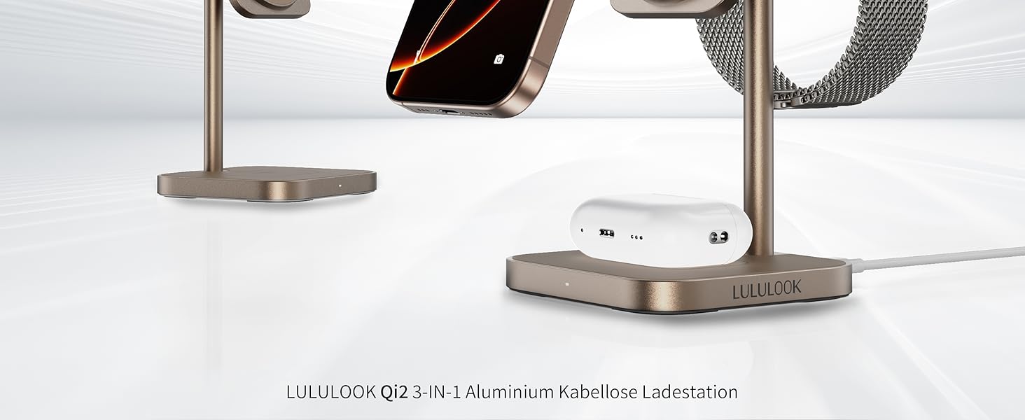 Станція зарядки LULULOOK Qi2 MagSafe 3 в 1 з алюмінію для Apple Watch та iPhone з підтримкою швидкої зарядки 15W (для iPhone 17 Pro Max/17 Pro/17 Air/17) та 5W (для Apple Watch Ultra, AirPods), титан