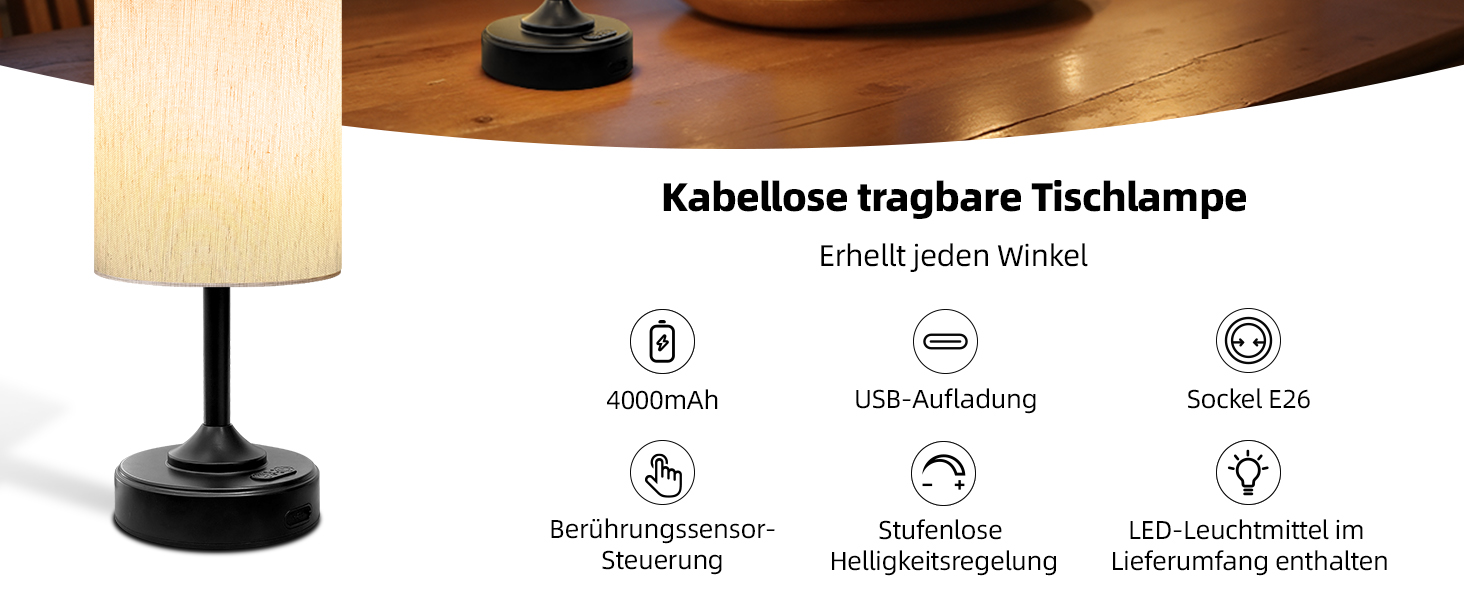 Світлодіодна настільна лампа EZVALO з сенсорним димером, акумуляторна (4000mAh), USB-C, тепле світло 2700K, чорна - 1 шт.