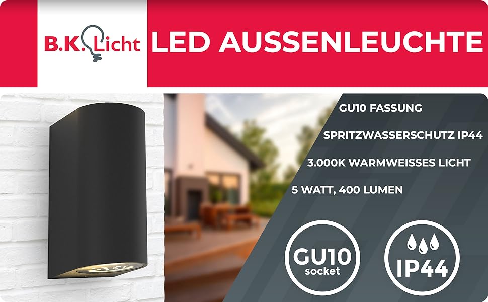 Зовнішня настінна LED-лампа B.K. Licht, чорна, 5W, 400 Lm, GU10