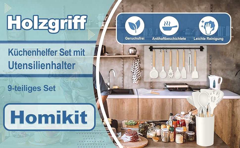 Набір кухонних аксесуарів Homikit 9 шт. з дерев'яною ручкою, чорний, з підставкою, антипригарне силіконове кухонне приладдя