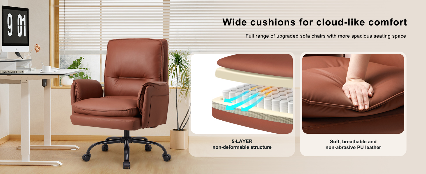 Офісний крісло IWMH з PU шкіри, ергономічний, регульований, з підлокітниками та реклінером 90-135° (колір: коричневий)