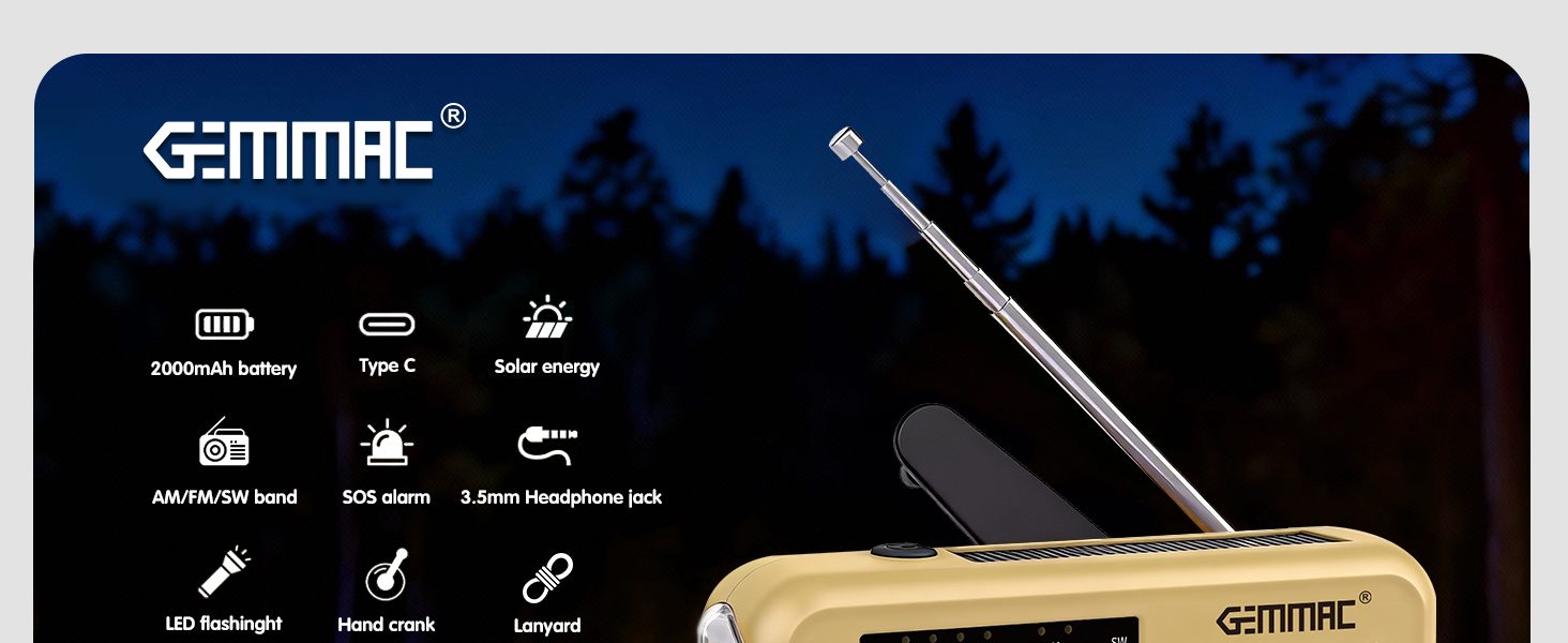 Радіоприймач Kurbelradio з підключенням навушників, AM/FM/SW, сонячне аварійне радіо, акумулятор 2000mAh, Power Bank, радіо на батарейках, будівельне радіо з приймачем світу, SOS ліхтарик для аварійного спорядження (297-Khaki)