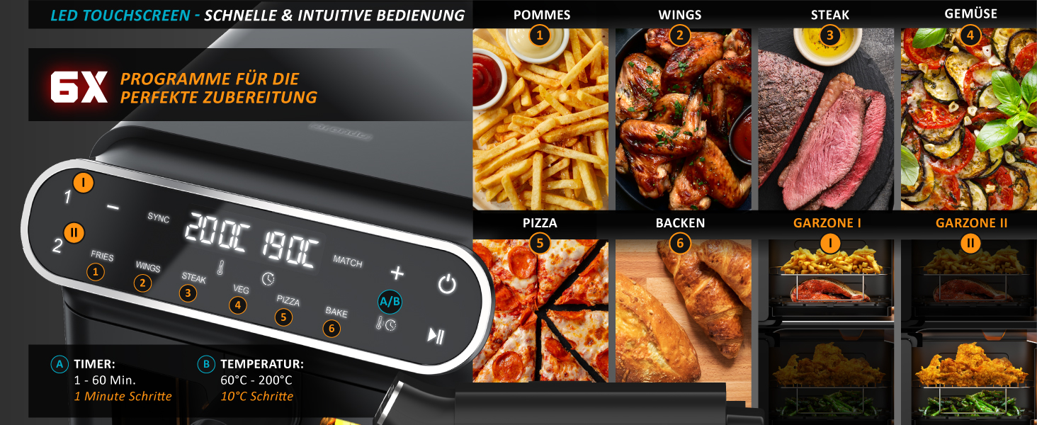 Фритюрниця Arendo з гарячим повітрям XXL Dual Zone з 2 камерами – 11 л – 2 зони – Airfryer з подвійними камерами та вікном – 6 програм – Без BPA – 3D циркуляція повітря – Функції Sync та Match A: 11 літрів