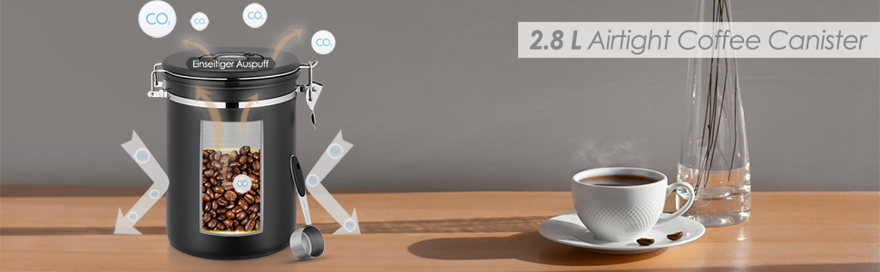 Герметичний контейнер для кави з нержавіючої сталі, 2.8 л, з CO2-клапаном, мірною ложкою та індикатором дати (для кави, горіхів, чаю, какао)