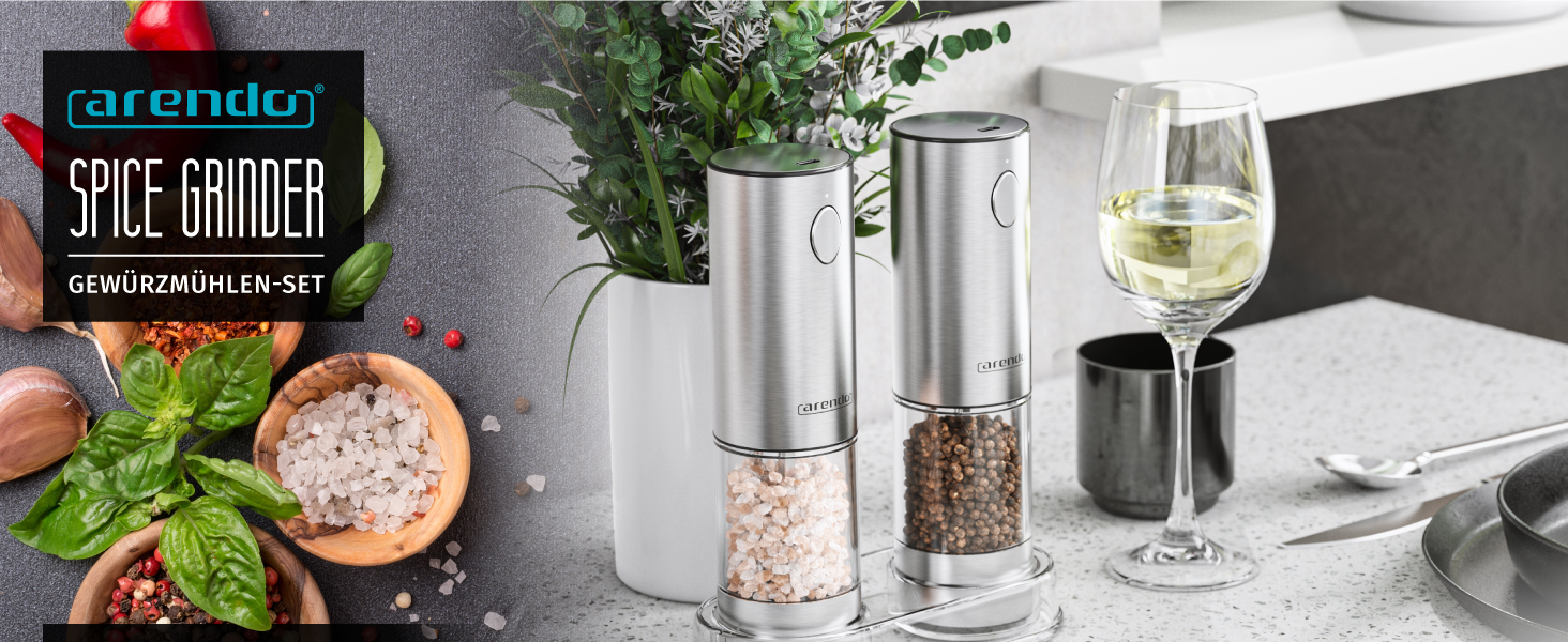 Електричні млини для спецій Arendo – набір з солі та перцю, нержавіюча сталь, керамічний механізм, LED-підсвічування, акумулятор, щітка та воронка