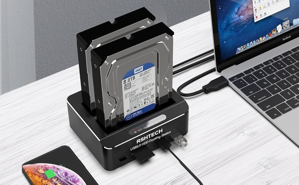 Док-станція для жорстких дисків RSHTECH з двома відсіками, USB 3.0, алюміній, підтримка 2.5/3.5