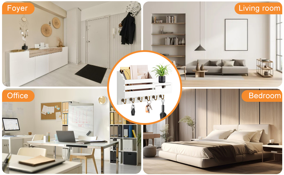 Дерев'яне ключниця з полицею та шухлядою, 6 гачків, для прихожей, офісу, на стіну (білий)