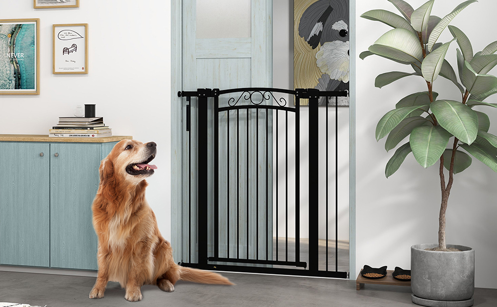 PawHut Бар'єр для собак, ворота з регульованою шириною 76-104 см, захисний ґрат для собак з 2 розширеннями, подвійний замок та маленькі дверцята для сходів та дверей, білий