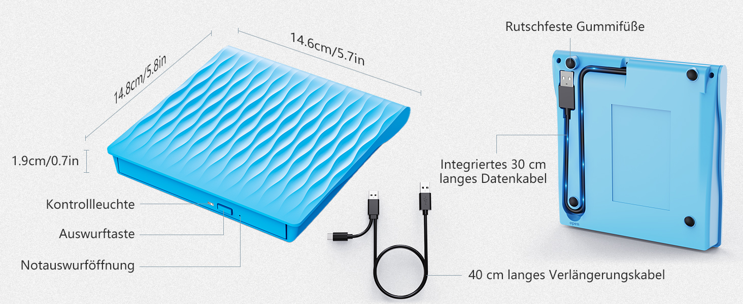 Зовнішній DVD CD привід DANGZW USB 3.0 Type-C, портативний DVD-брунер та плеєр для ноутбука та ПК (Windows, MacOS, Linux), синій