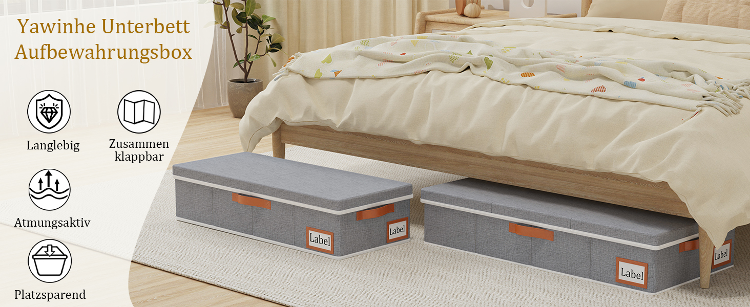 Yawinhe 2 Pack Under Bed Storage Box, Storage with Lid, Foldable Storage Bag with Handle Grips, for Bedspreads, Blankets, Clothes, 60x30x15cm, (60x30x15cm/1-Pack, Grey)