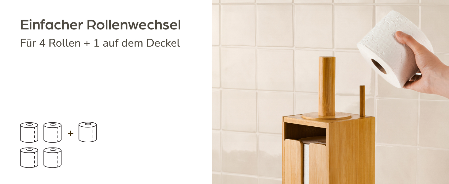Підставка для туалетного паперу з бамбука Praknu - тримач на 4 рулони з кришкою на магніті, FSC-дерево, економія місця, антиковзаюча