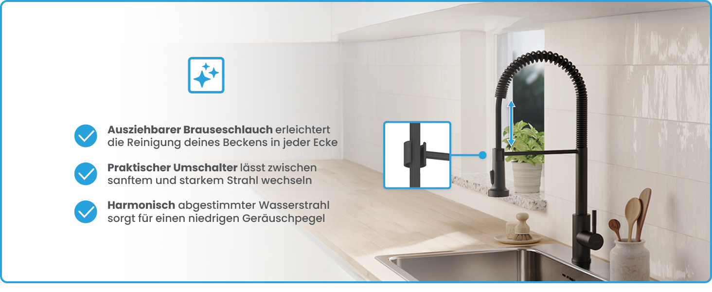 Кухонний змішувач Bächlein Nedo – поворотний на 360°, матовий чорний, з нержавіючої сталі, з гнуким виливом та висувною лійкою, для кухні