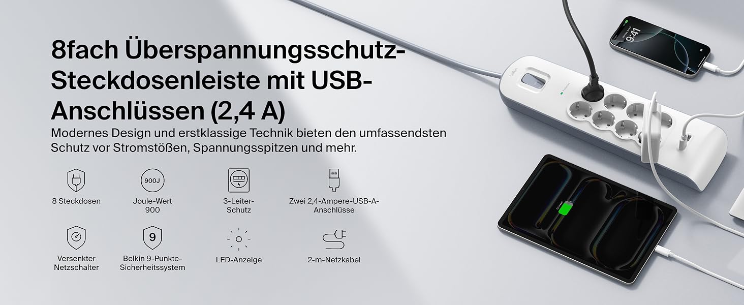 Мережевий фільтр Belkin з 8 розетками, захистом від перенапруги та USB-портами (2.4A), 2 м кабелю, для дому та офісу