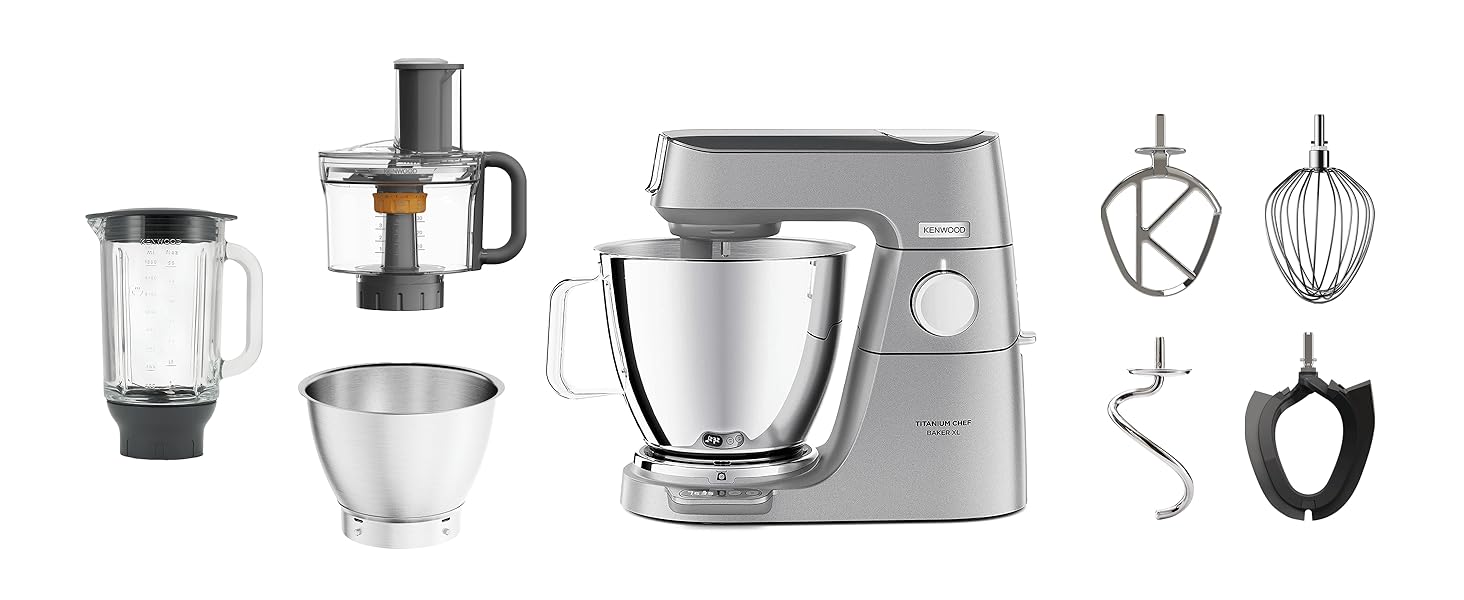 Кухонний комбайн Kenwood Titanium Chef Baker XL KVL85.424SI з вагою, 2 чашами, 1200 Вт, 4 насадки для випічки, скляний блендер, подрібнювач, сріблястий