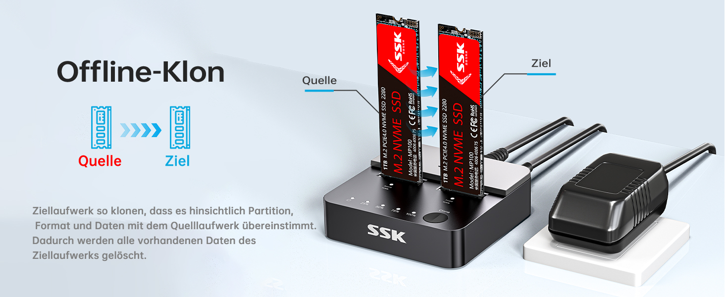 Док-станція для SSD NVMe M.2 (Dual Bay) SSK - 20Gbps, USB 3.2 Gen 2X2, Клонування, для ПК