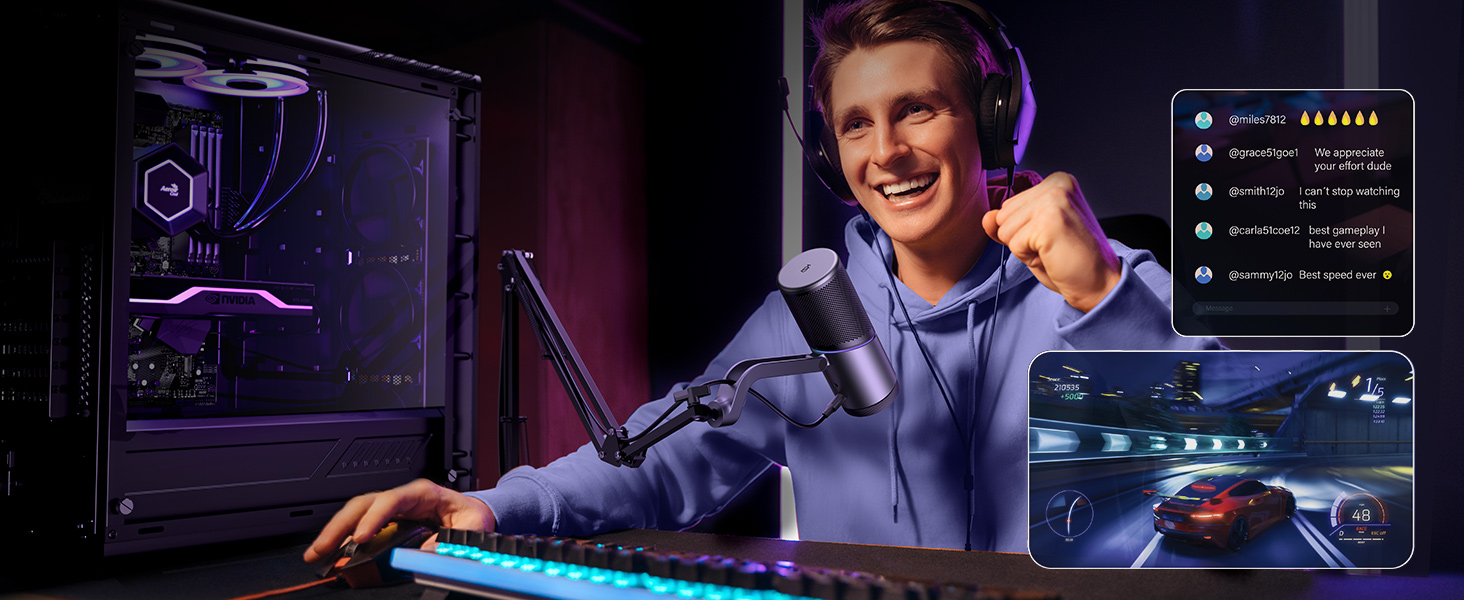 Мікрофон UGREEN для геймінгу та стрімінгу з RGB підсвічуванням USB, 24bit/96kHz, для ПК, PS5/PS4, запису, ноутбука