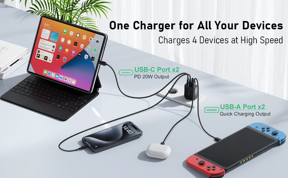Мережевий адаптер USB-C 40W 4-портовий Cshare з PD 3.0, USB-C та USB-A, для iPhone, iPad, Samsung Galaxy, Android, білий/чорний
