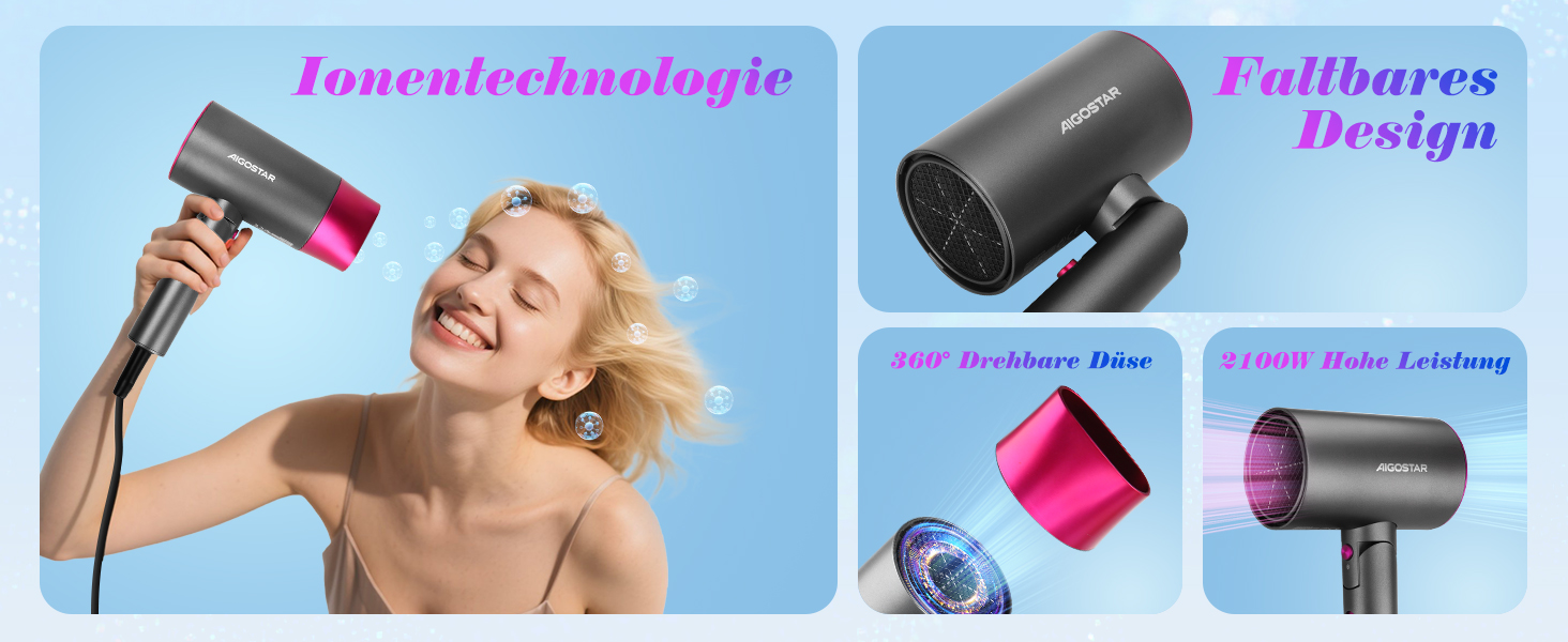 Aigostar Фен для подорожей 2100W з складною ручкою, сірий, з захистом від перегріву, з сумкою