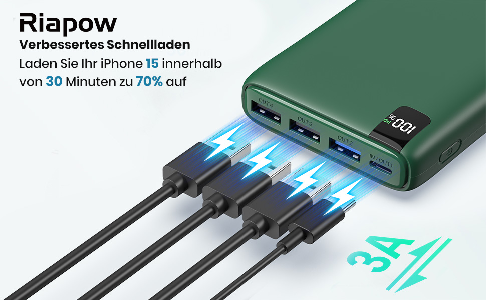 Power Bank Riapow 26800mAh: Швидка зарядка USB-C, 4 порти, LED-дисплей, для смартфонів та планшетів (зелений)