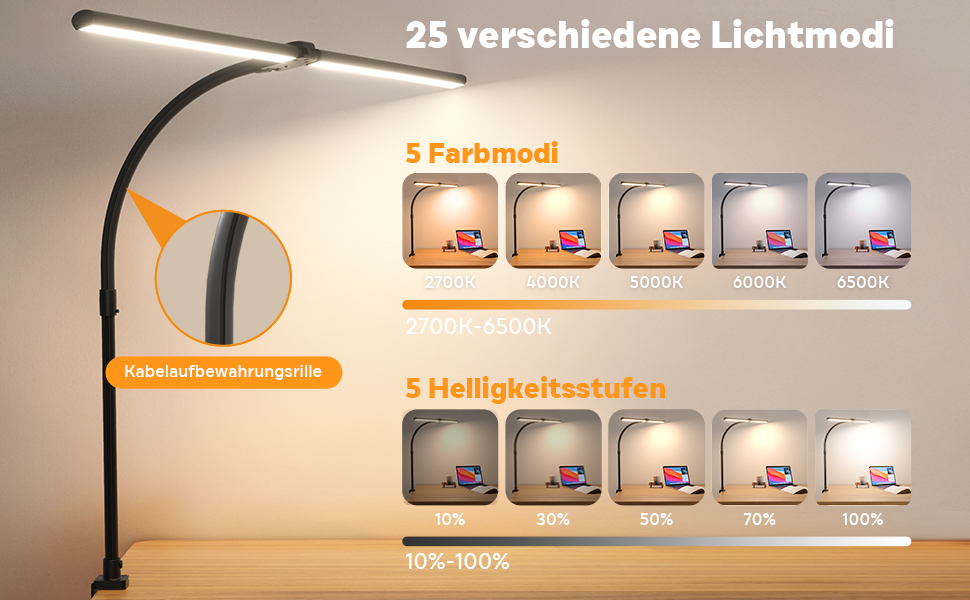 APMIEK LED Desk Lamp with Adjustable Gooseneck - 24W, 80cm, Dimmable, Eye-Protection, Clamp-On, Daylight Task Lamp for Office & Home