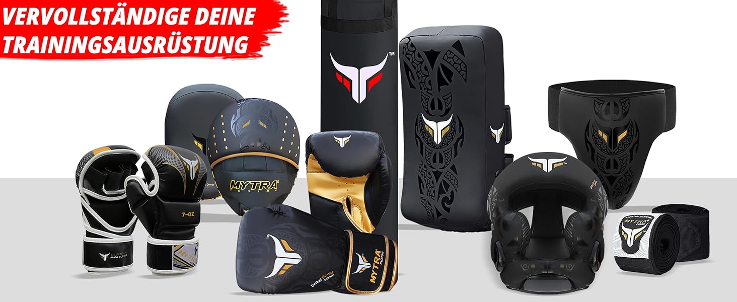 Боксерські рукавички MyTra Fusion 10oz, 12oz, 14oz, 16oz для MMA, боксу, спарингу, муай-тай, кікбоксингу (чорний/золотий)