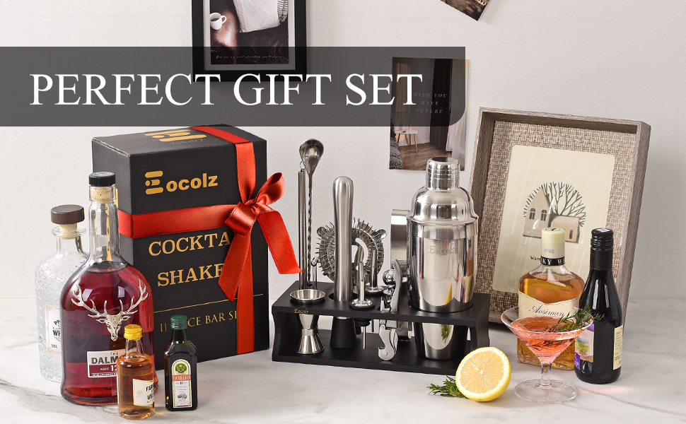 750ml Stainless Steel Cocktail Shaker Set with Bamboo Stand & Recipe Book - 17 Piece Bar Set for Bartenders, Gifts for Women (Black Silver)
