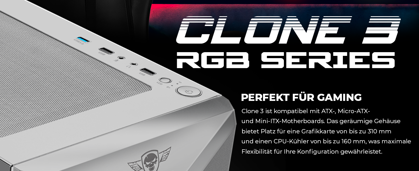 Корпус для ПК Spirit of Gamer Clone III Білий RGB | ATX/mATX/ITX | з темперованим склом | 2 вентилятори 120 мм (1 ARGB)