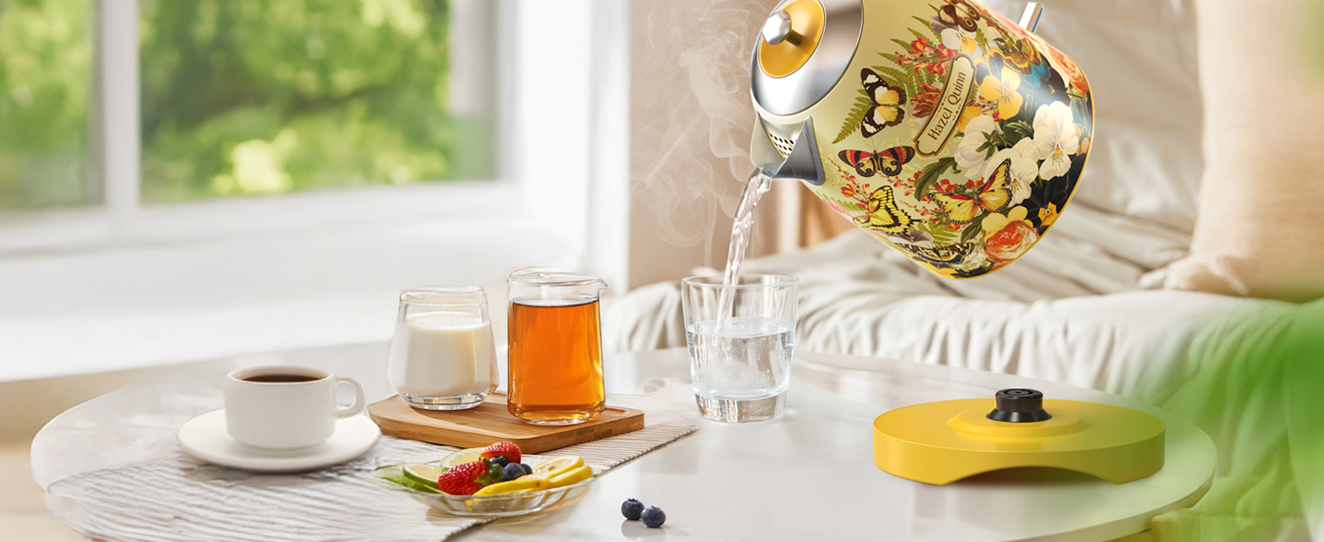 Електричний чайник Hazel Quinn Schneller 1.7л, 2200W, нержавіюча сталь 304, швидкий кип'ятіння, автоматичне вимкнення, захист від сухого кип'ятіння, вінтажний дизайн, BPA-free, перловий білий (жовтий з квітковим візерунком)