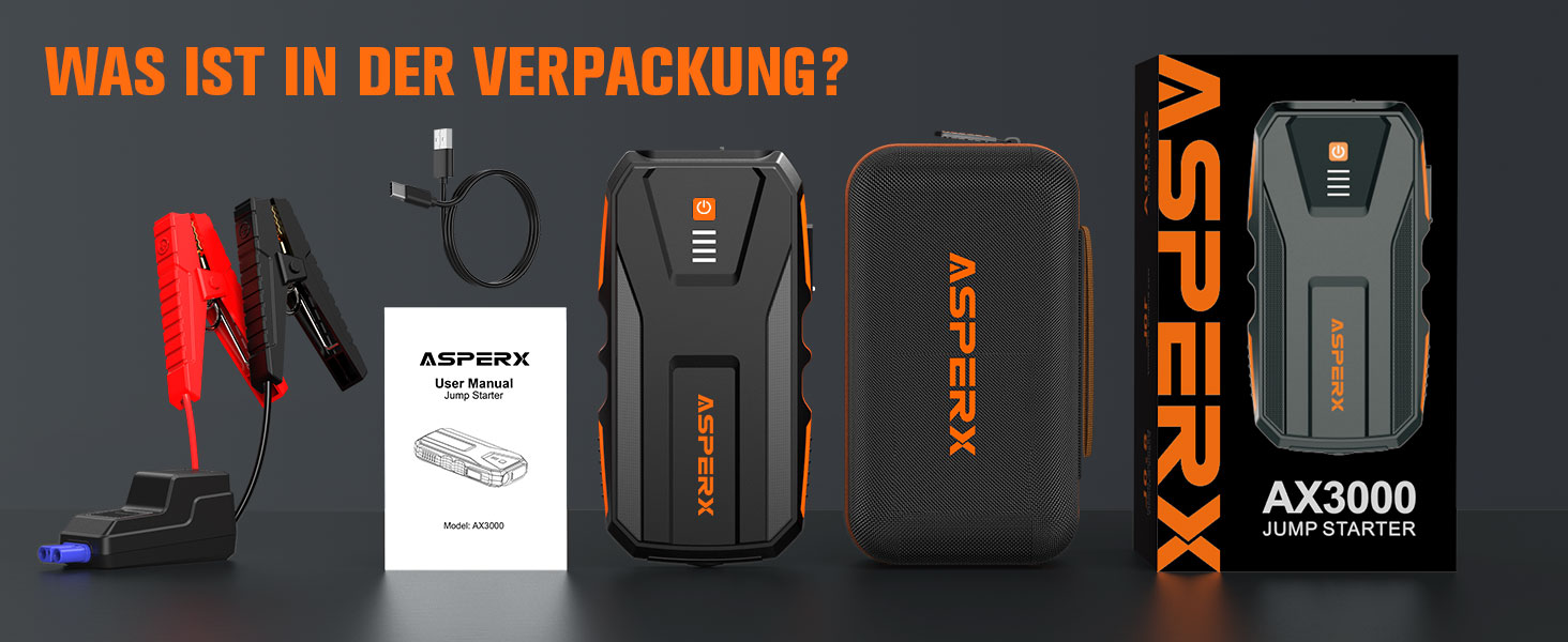 Powerbank Starthilfe AsperX 3000A: Зарядний пристрій для автомобіля 12V з кабелями, LED ліхтариком, IP64, для авто, вантажівок, мотоциклів