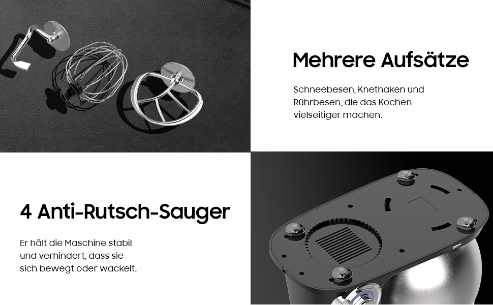 Кухонна машина з чашею 6л з нержавіючої сталі, міксер для тіста з Flexi-мішалкою, гаком для тіста та вінчиком, 6 швидкостей, 1500 Вт