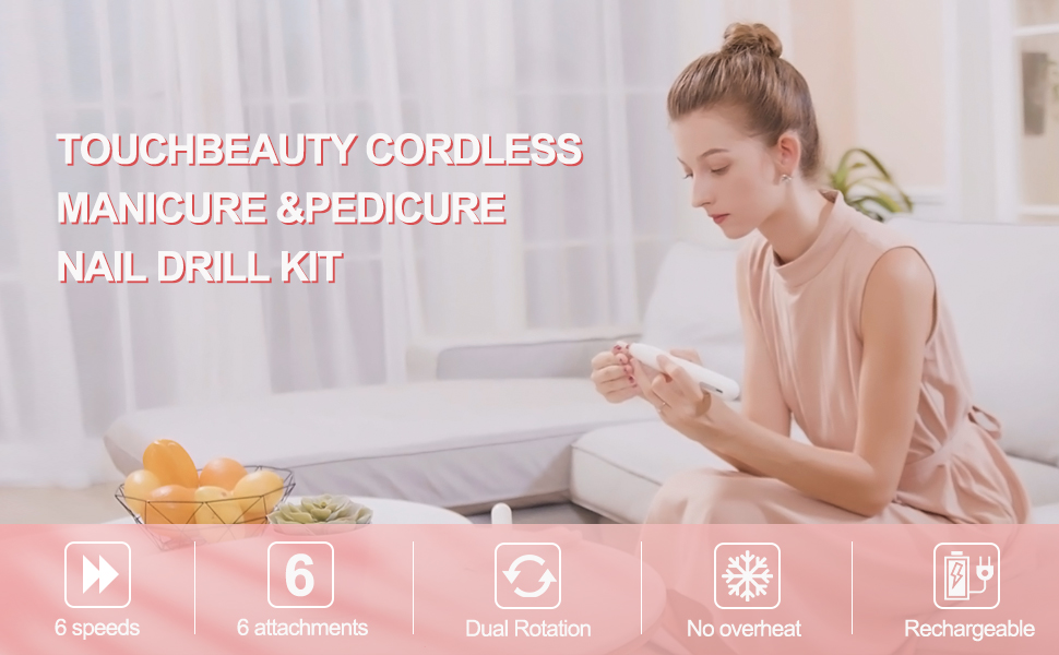 Електрична машинка для манікюру та педикюру TOUCHBeauty AG-1738: професійна бездротова фрезерна машинка з 6 насадками, USB-зарядка, регульована швидкість