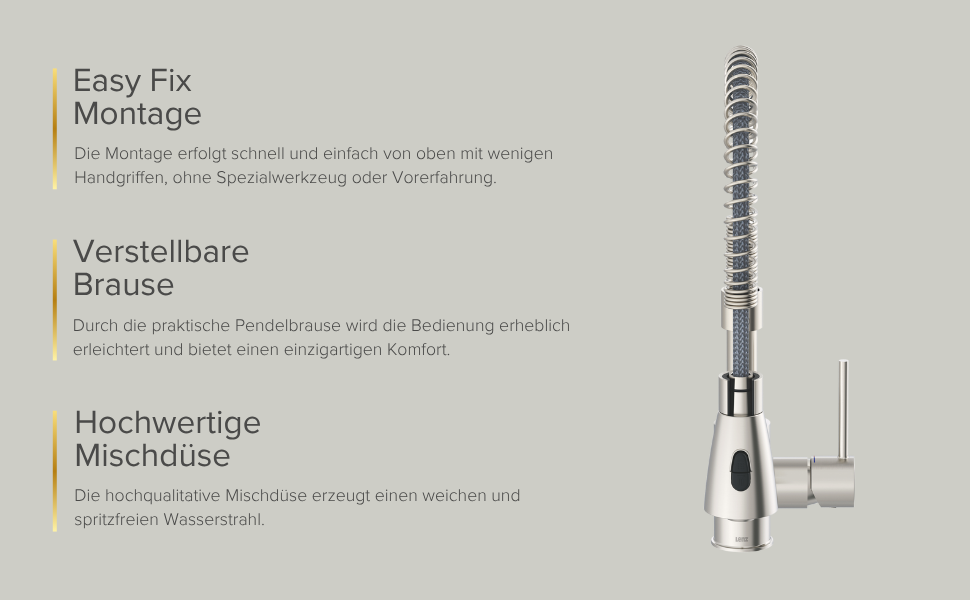 Кухонний змішувач Lenz KALANI² з нікелевим покриттям та висувною лійкою – високий тиск, проста установка, преміум-якість