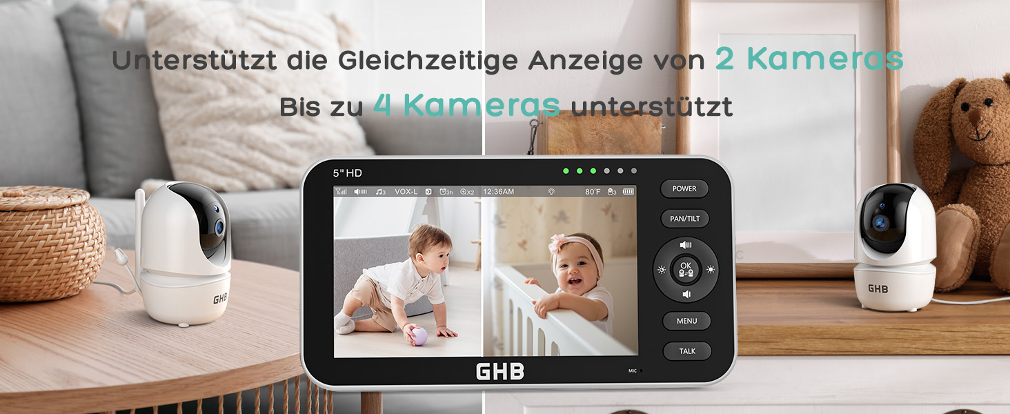 Дитячий відеоняня GHB з камерою, 5-дюймовий IPS-дисплей 720P HD, VOX, двосторонній зв'язок, нічне бачення, датчик температури, модель 2023