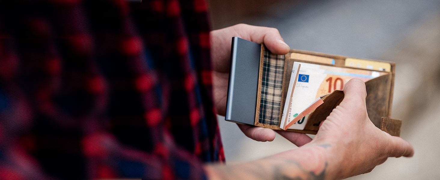 Шкіряний картхолдер SecWal з монетницею та RFID-захистом, коричневий (Hunter Brown) — компактний гаманець з кнопкою для чоловіків та жінок, Made in Germany