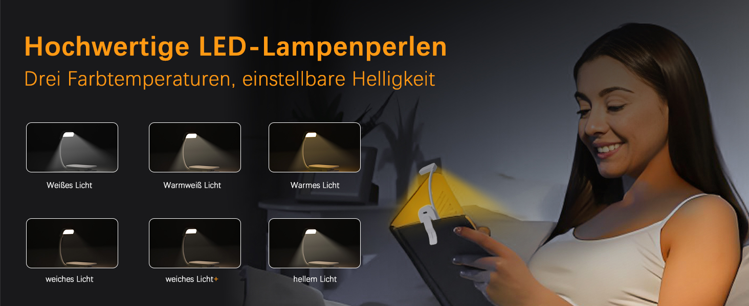 LED-лампа для читання з USB-зарядкою, 9 світлодіодів, 3 режими температури кольору, регульована яскравість, гнучкий поворот на 360°, для читання в ліжку