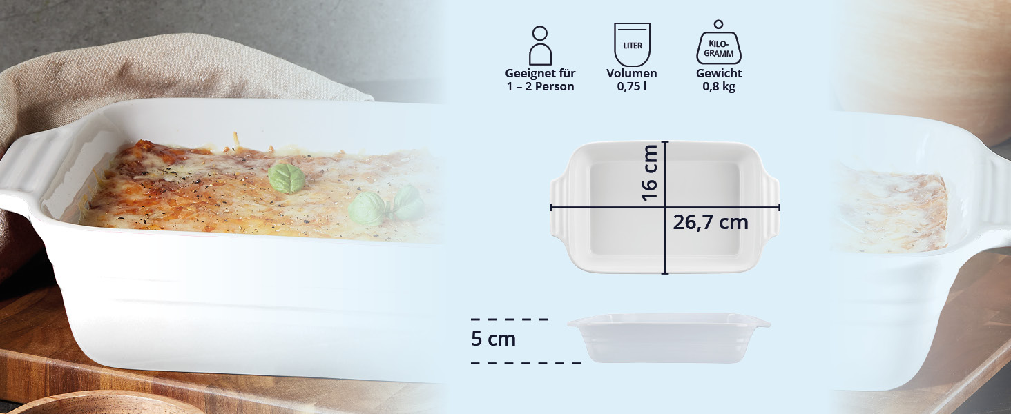 Форма для запікання KHG велика 40 см, 3 л, для 4-6 осіб, кераміка, прямокутна, стійка до подряпин, для лазаньї, тірамісу та іншого (1 шт, біла)