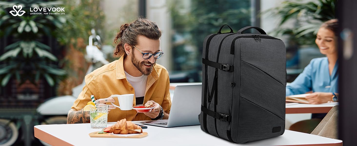 Рюкзак LOVEVOOK 30-40L для подорожей, чорний, з відділенням для ноутбука 17.3 дюйма, антикрадійний, ручна поклажа, розширюваний