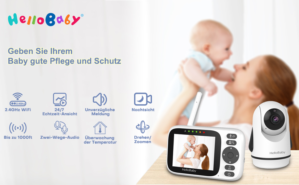 Дитячий відеоняня HelloBaby з камерою, поворотна, нахилена, з функцією зуму, 3.2'' IPS екран, 2-сторонній аудіо, інфрачервона нічна зйомка, ECO, без Wi-Fi, датчик температури, 8 колискових, HB6339