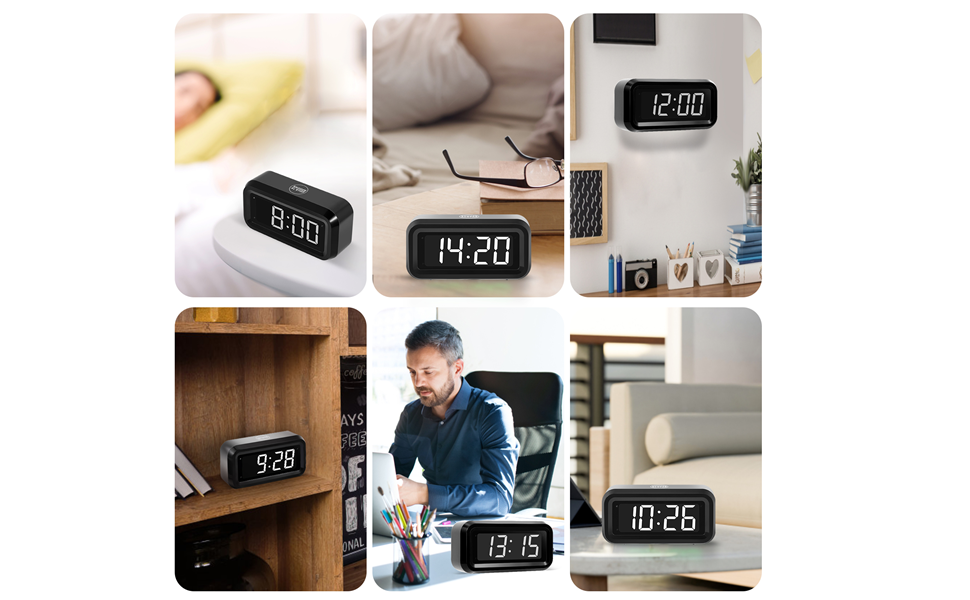 Цифровий будильник Timegyro з LED дисплеєм, акумуляторний, компактний, для подорожей та дому, 3 рівні яскравості, великий LED дисплей 1.2', чорно-білий