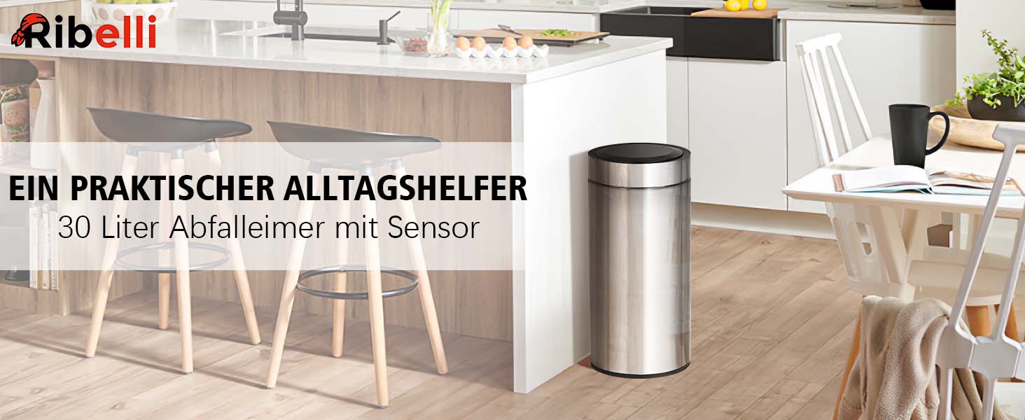 Відро для сміття Ribelli 30L з нержавіючої сталі, з педальним механізмом, м'яким закриттям, для сортування сміття, кругле (матова сіра сталь з датчиком)