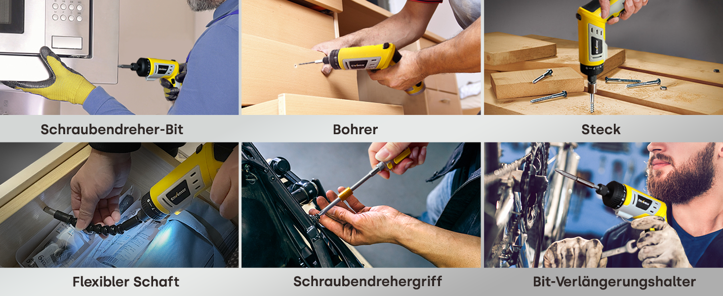 Mini акумуляторний шуруповерт Enventor 6 Nm, 4V, 2000 mAh, LED, USB, 25-ти шт. біт, з LED-підсвічуванням, 3 режими крутного моменту, з біт-подовжувачем, гнучкий вал (модель 95202)