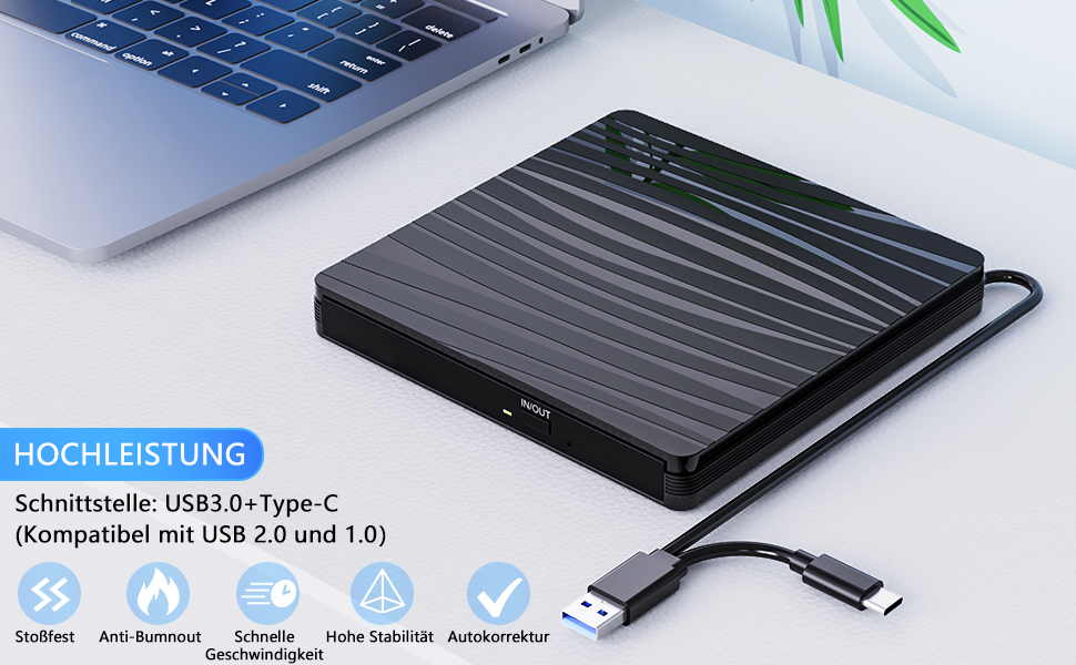 Зовнішній DVD-накопичувач USB 3.0 та Type-C, портативний CD/DVD +/-RW записувач для ноутбука, ПК, MacBook, iMac (Windows, macOS, Linux), чорний