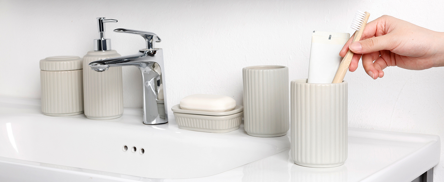 Набір для ванної кімнати NOVAJOY, кераміка, 5 предметів: мильниця, дозатор мила, тримач для зубних щіток, контейнер для ватних паличок, декор для ванної кімнати преміум-якість (абрикосовий сірий)