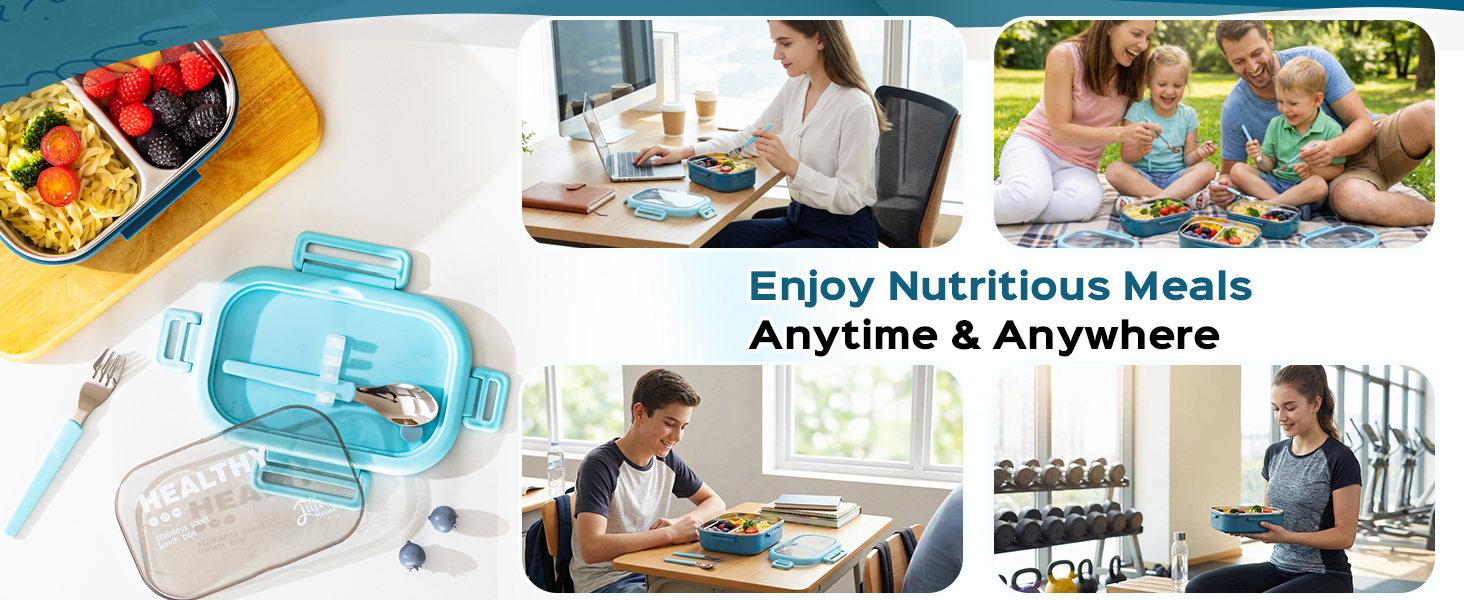 Ланчбокс Lille Home Bento з нержавіючої сталі, 850 мл, 2 відділення, витікання, з сумкою та столовими приборами, BPA-free (Світло-блакитний)