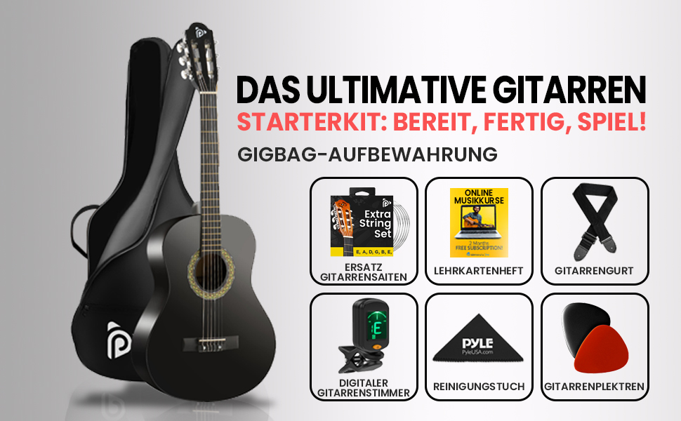 Акустична гітара Pyle для дітей та початківців, ½ розміру, з аксесуарами (сумка, тюнер, медіатор), чорна матова, 76 см