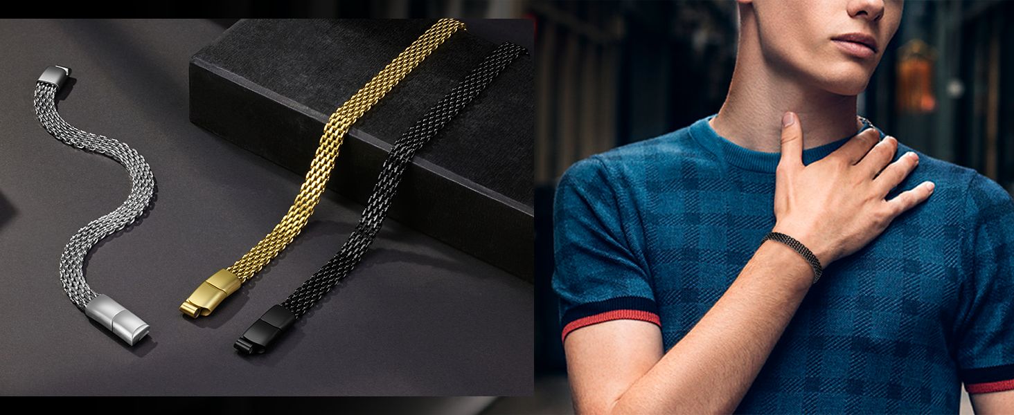 Чоловічий браслет LUCKY2+7 з нержавіючої сталі, магнітна застібка, подовжувач, чорний/сріблястий