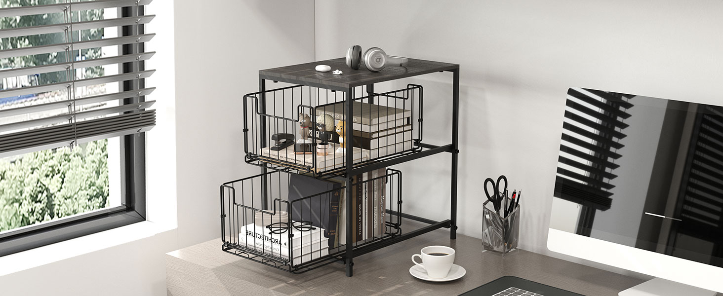 Meltrck Spice Rack and Kitchen Organizer, 2-Tier Pull-Out Kitchen Organizer, Metal and Wood Composite for Kitchen, Countertop, Pantry, and Dining Room (Black)