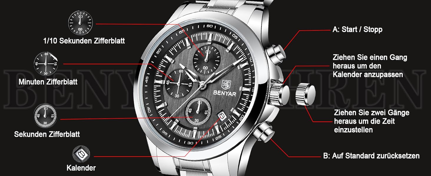 Годинник чоловічий BENYAR Chronograph Аналоговий кварц Водостійкий з підсвічуванням дати, стильний бізнес-годинник (сталь, зелений)